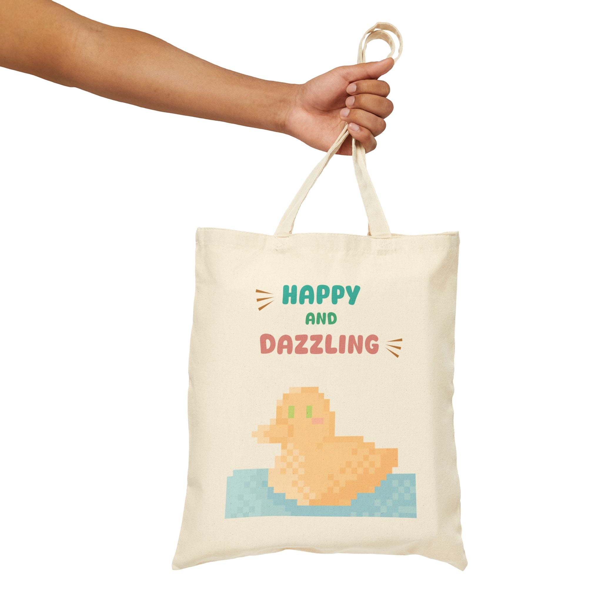 Canvas Tote — "Happy and Dazzling" Pixel Duck Cute Reusable Bag