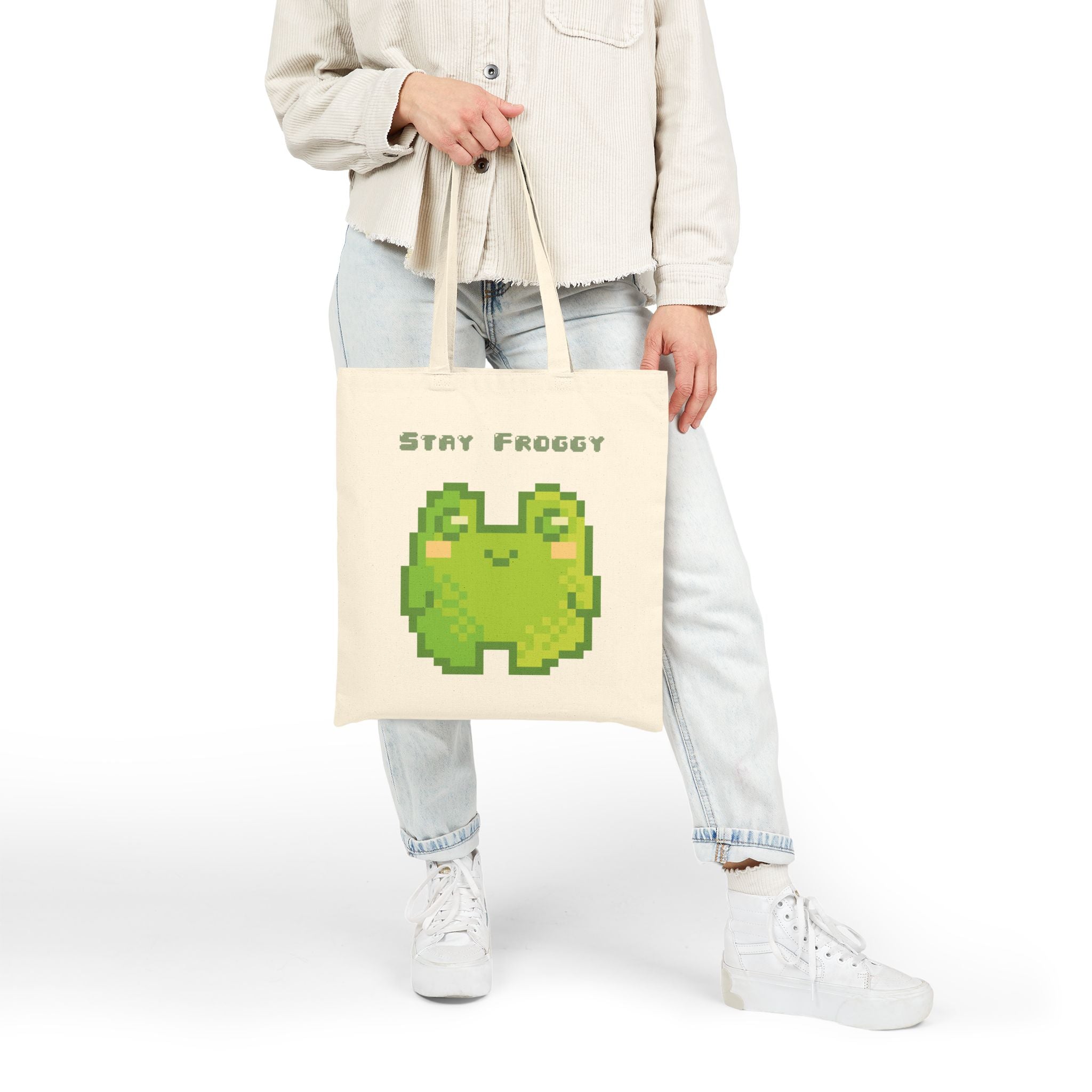 Tote Bag — 'Stay Froggy' Pixel Art Cotton Canvas Tote