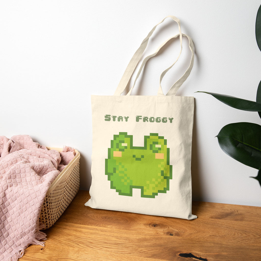 Tote Bag — 'Stay Froggy' Pixel Art Cotton Canvas Tote