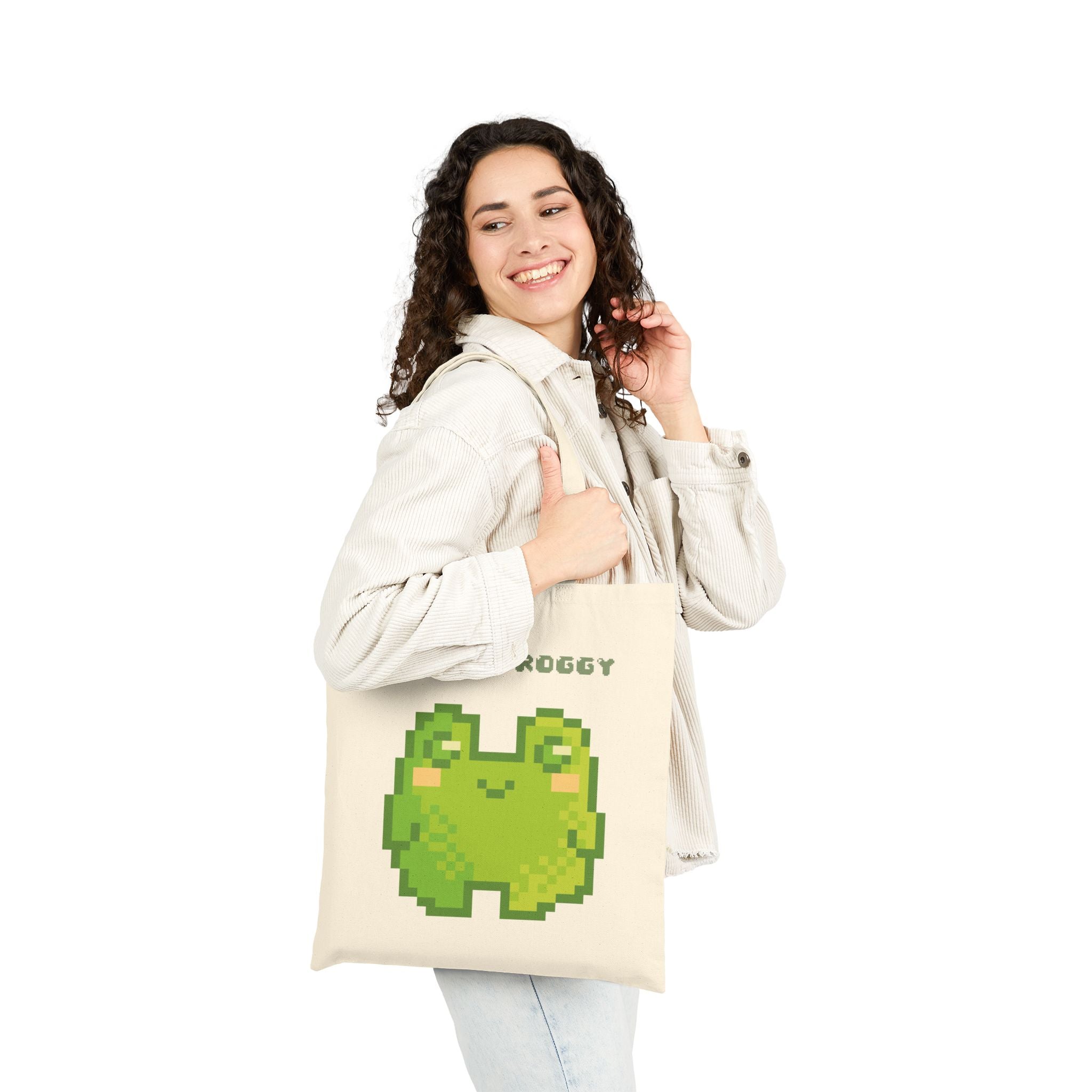 Tote Bag — 'Stay Froggy' Pixel Art Cotton Canvas Tote