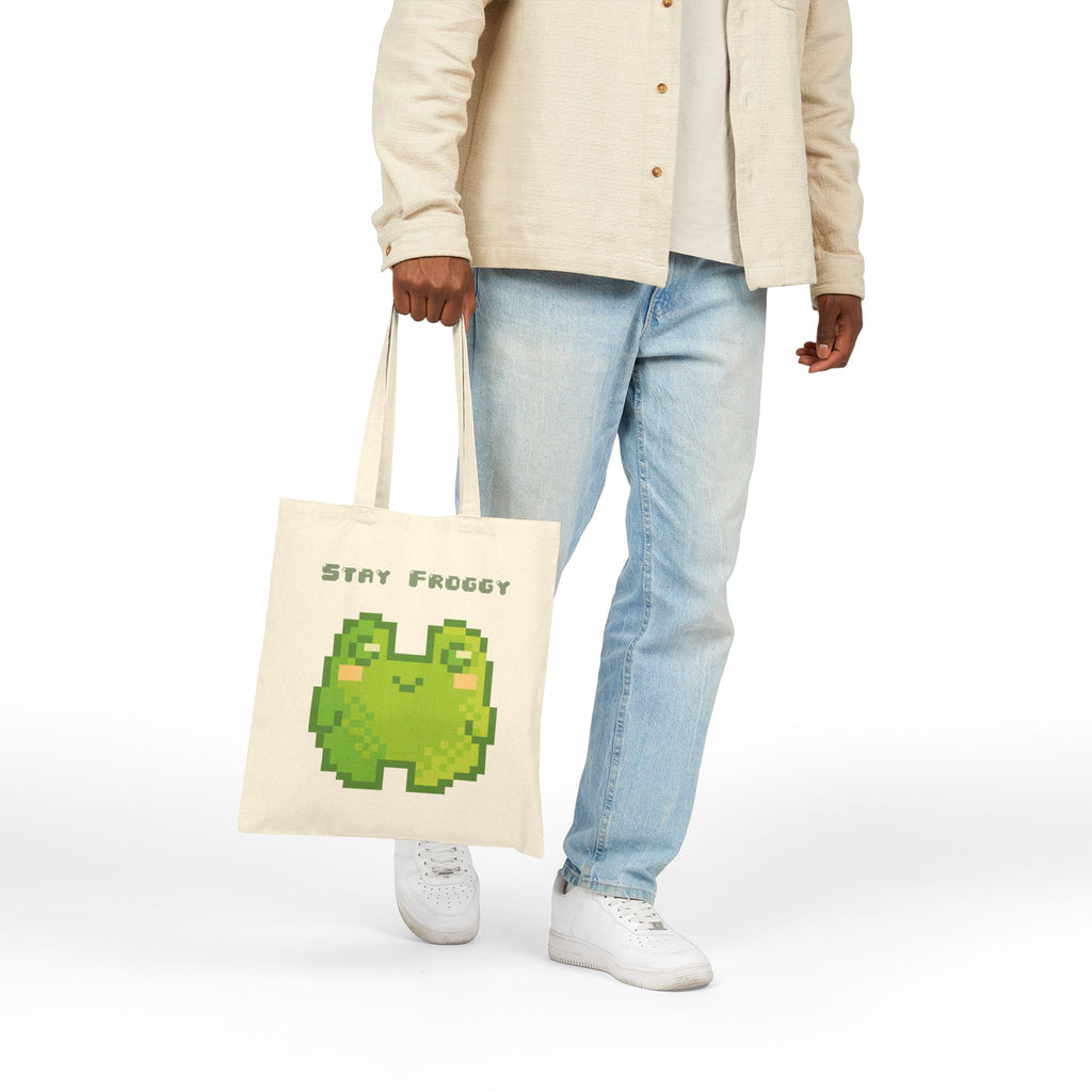 Tote Bag — 'Stay Froggy' Pixel Art Cotton Canvas Tote