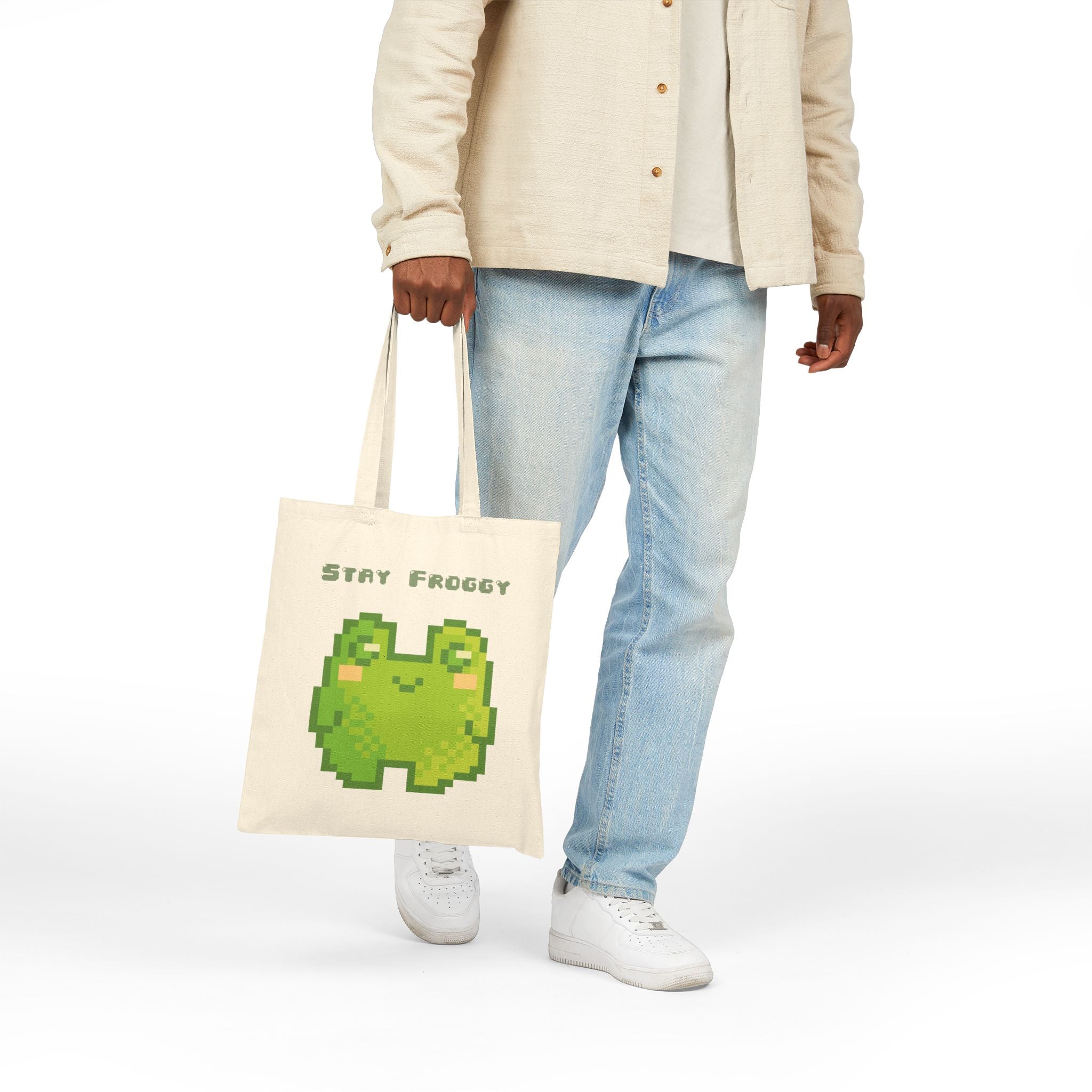Tote Bag — 'Stay Froggy' Pixel Art Cotton Canvas Tote