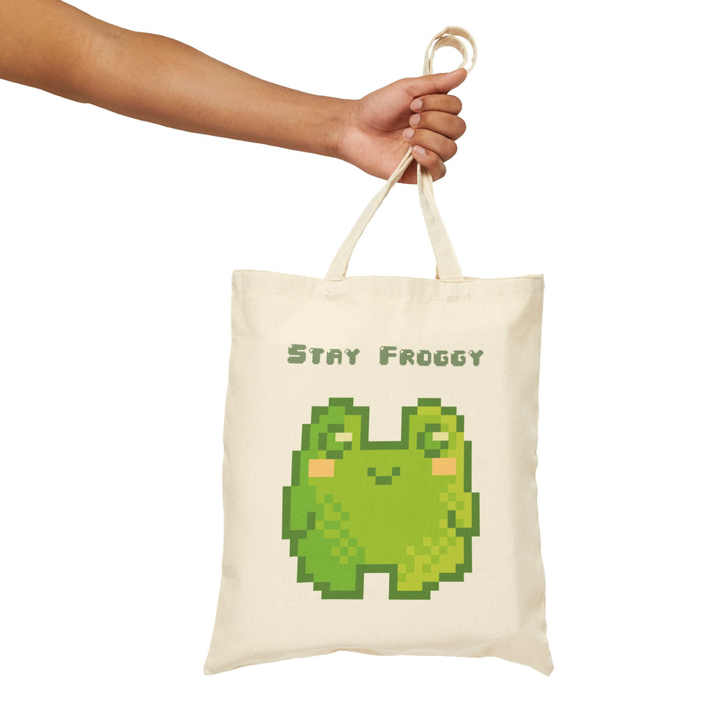Tote Bag — 'Stay Froggy' Pixel Art Cotton Canvas Tote