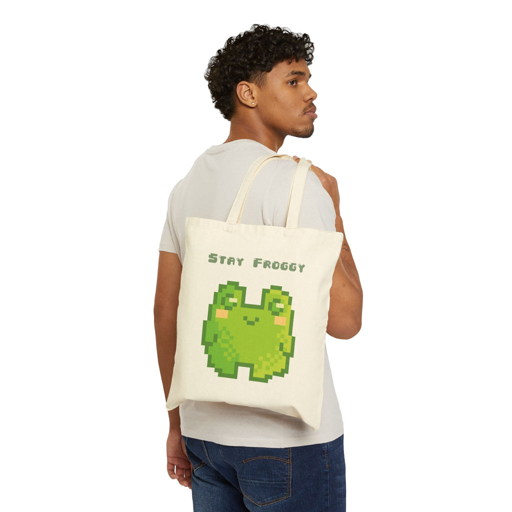 Tote Bag — 'Stay Froggy' Pixel Art Cotton Canvas Tote